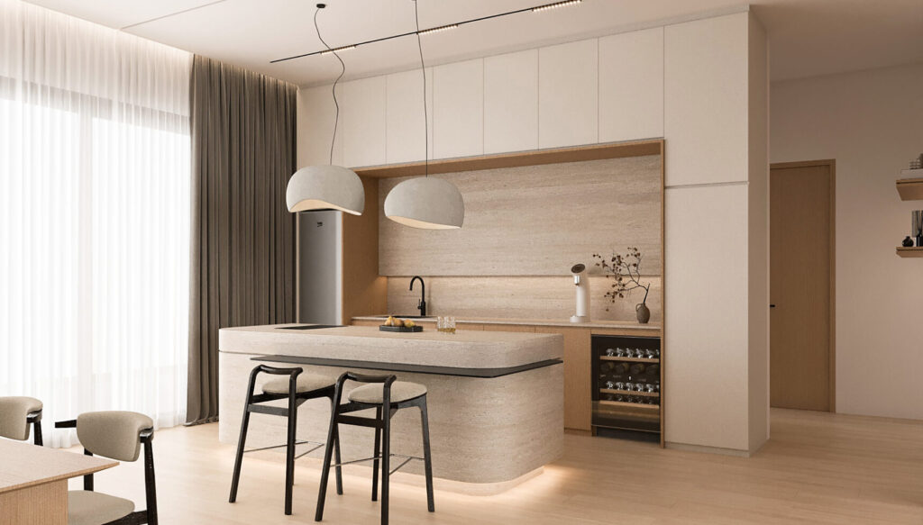 Kitchen island and cabinets finished in travertine-look stone with soft neutral tones