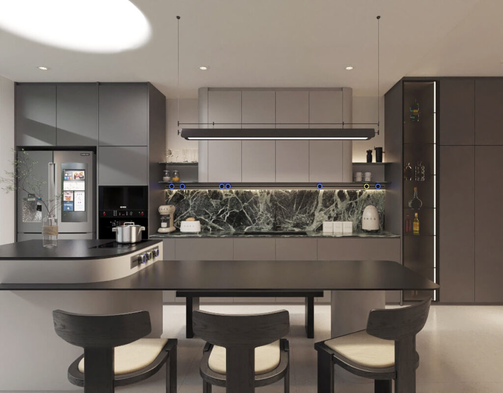 Dual-zone kitchen layout with separate wet and dry areas in a compact home at Jalan Jurong Kechil designed by Homescape