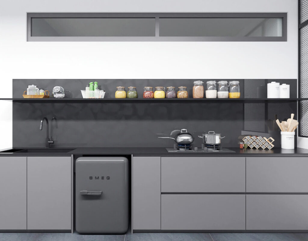 Modern dry kitchen setup with open shelving and built-in appliances at Jalan Jurong Kechil designed by Homescape