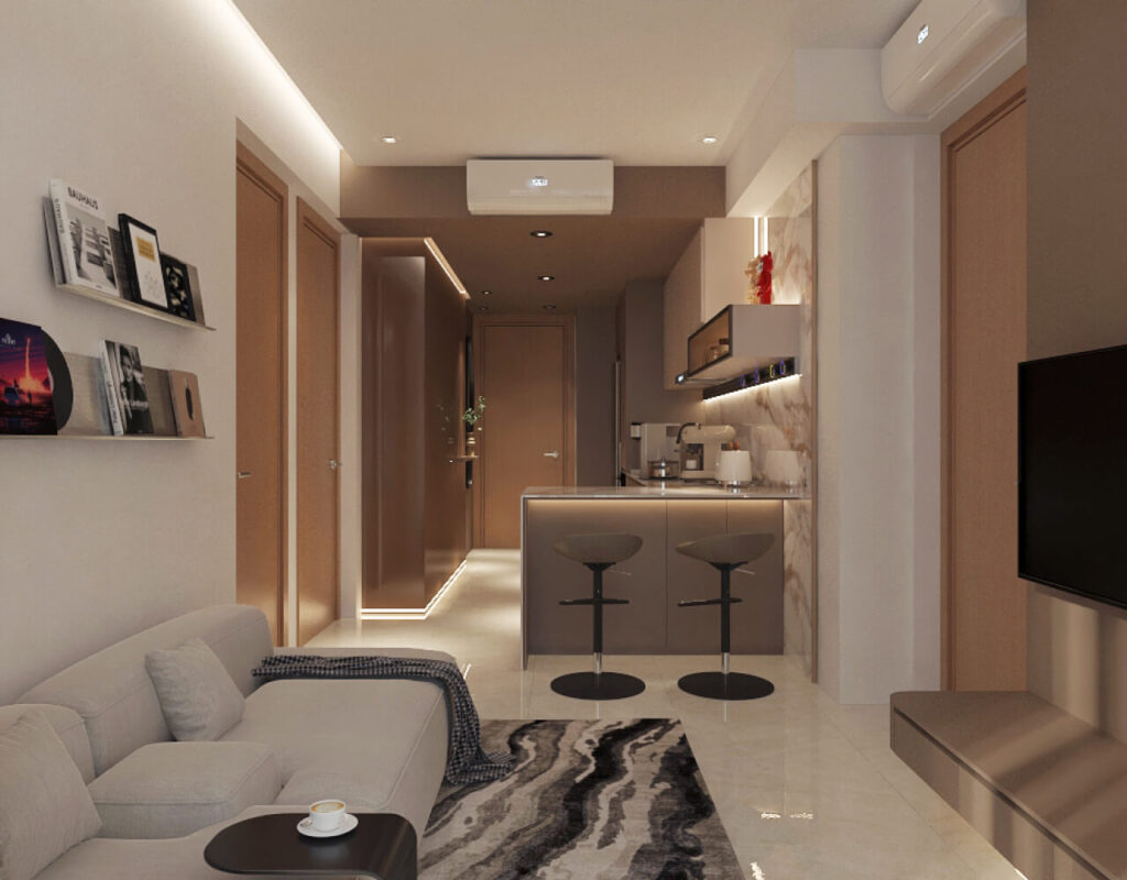 Compact kitchen in a West Coast Vale 2-room unit designed by Homescape