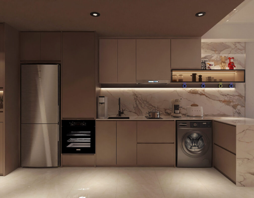 Small kitchen with integrated appliances in West Coast Vale designed by Homescape.