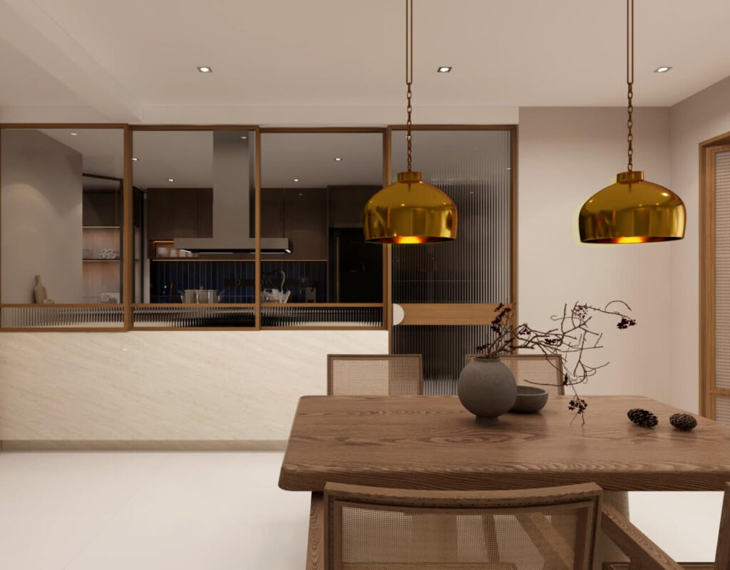 Dining and kitchen space separated by glass panels in Potong Pasir designed by Homescape