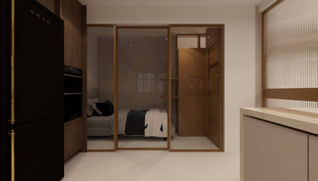 Kitchen and dining space linked by glass enclosure for an open yet private layout