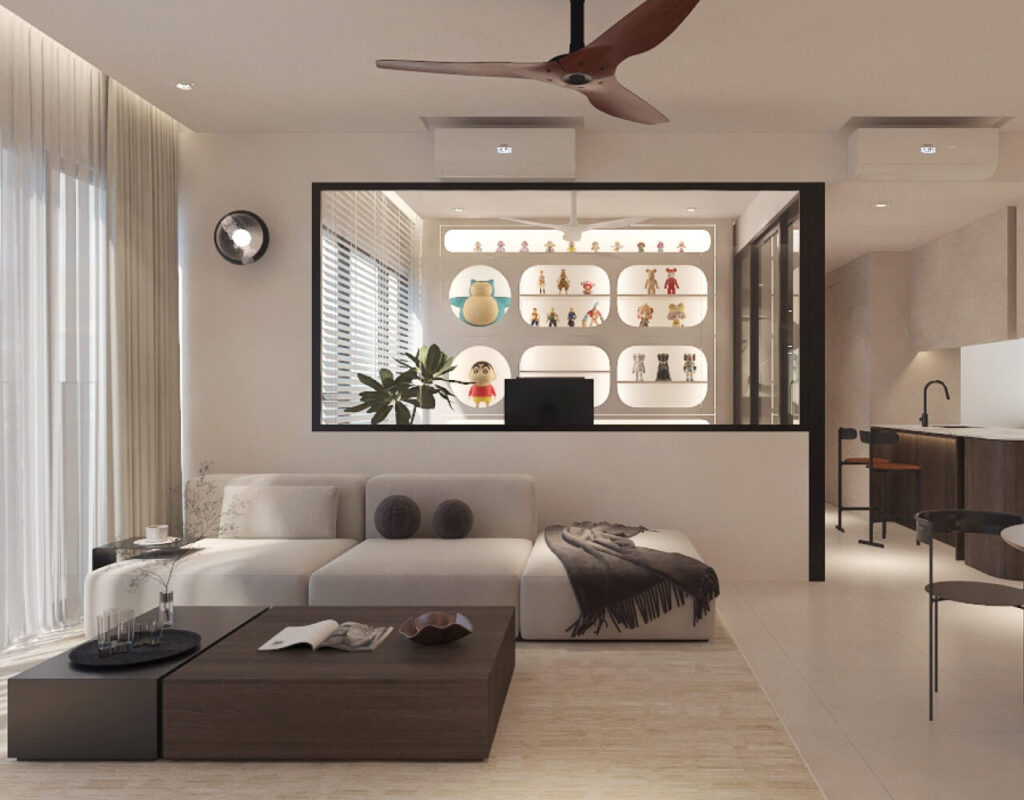 A conventional living room layout is divided by walls and a narrow walkway that leads to the bedrooms. With clever design, a semi-open layout creates more breathing space that is connected and spacious.
