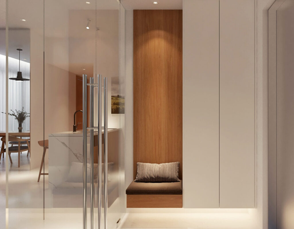built-in seating with storage and layered ambient lighting to create a stylish, practical entryway.
