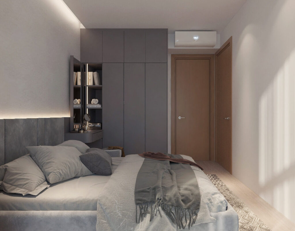 built-in cabinet that comes with a vanity desk, pull-out mirror and storage 2-Bedroom Condo Interior Design