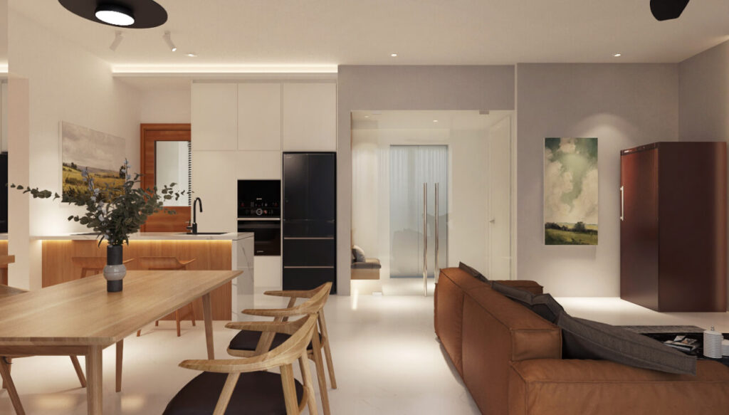Open-concept living and dining space combining wood, upholstery, and smooth surfaces to balance acoustics and sound clarity.