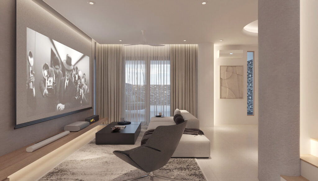 Living room layout with low furniture and soft furnishings