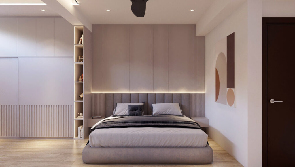 Calm bedroom interior with heavy curtains and soft finishes that absorb sound and create a quieter, more restful ambience.