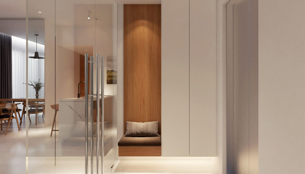 Private foyer with a large glass window and seating nook
