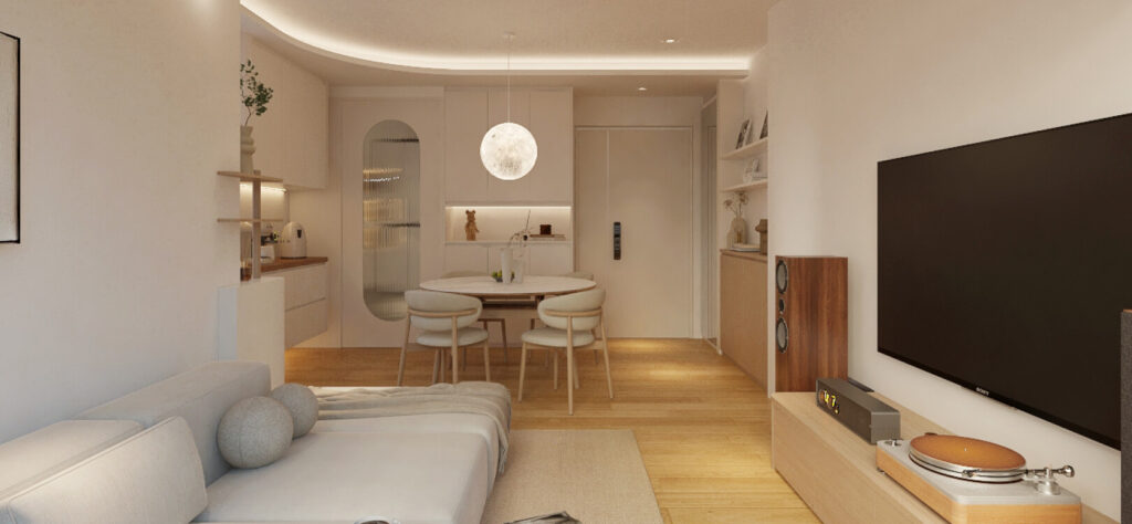 Open-plan living and dining area designed to reduce sound leakage