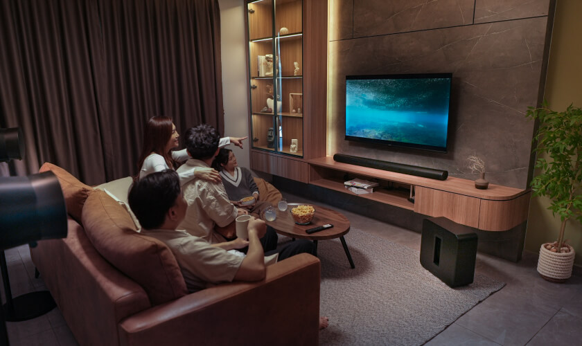 home cinema setup, featuring a Sonos Arc Ultra soundbar and Sub for immersive audio.