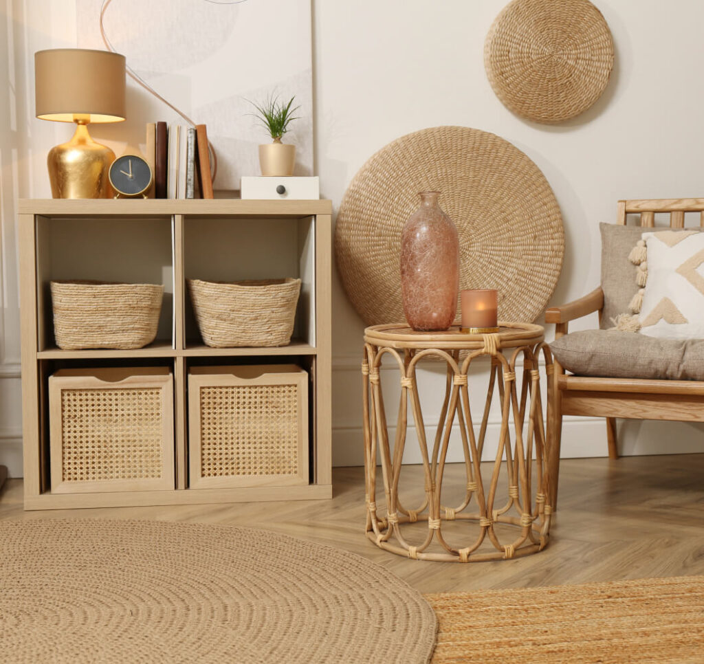Wall-mounted shelves with woven storage baskets and rattan décor in a space-saving living room design in Singapore